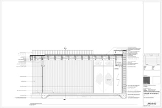 1
A403.00
TOP & BOTTOM
BOLT LOCK
FIXEDFIXED MECH SOFFIT
GWB
MECHANICAL
ACCESS PANEL
CMU BLOCK WALL WITH STEEL REINFORCING
3-5/8" 20GA METAL STUDS @ 16"O.C.
3x3x1/4 HSS COLUMN
3-5/8" 20GA CONTINUOUS METAL TRACK
12"x12" CONCRETE HAUNCHED FOOTING
WITH SCHEDULED REINFORCEMENT
3,000 PSI POURED CONCRETE SLAB WITH
6x6 WELDED WIRE FABRIC REINFORCING
3" RIGID INSULATION
STUCCO FINISH OVER EXPANDED METAL
LATH FASTENED TO BLOCK WALL
MORTAR
2"STONE PARAPET CAP PITCHED INWARD
(2) LAYERS OF 3/4" PLYWOOD
WOOD BLOCKING
FLASHING & COUNTER FLASHING
4" VERTI-KALWALL
COMPACTED FILL
5/8" GYPSUM WALL BOARD
R-15 BATT INSULATION
3-1/2x15 WOOD ROOF BEAM
3-5/8" 20GA METAL STUDS @ 16"O.C.
3-5/8" 20GA METAL TRACK
3-1/2x15 WOOD ROOF BEAM
RIM JOIST
1" THICK AZEK FACIA
1/2" MDF
(2) LAYERS OF 3/4" PLYWOOD
ROOF FINISH AS SCHEDULED
2x6 WOOD SLAT WALL
WOOD BLOCKING
OPEN CELL SPRAY FOAM INSULATION
STUCCO FINISH OVER EXPANDED METAL
LATH FASTENED TO BLOCK WALL
3-1/2x15 WOOD ROOF BEAM
FIXED GLASS TRANSOM WINDOW
SLIDING GLASS DOOR
1/2" MDF BETWEEN ROOF BEAMS
AIR REGISTER
5/8" GYPSUM WALL BOARD
5/8" GYPSUM WALL BOARD
3x3x1/4 STEEL ANGLE
C10x15.3 STEEL CHANNEL HEADER
5/8" GYPSUM WALL BOARD
ROOF FINISH AS SCHEDULED
12"x12" CONCRETE HAUNCHED FOOTING
WITH SCHEDULED REINFORCEMENT
3" RIGID INSULATION
ROPE LIGHT RL-2 WITH VALENCE
WATERPROOF DUPLEX ON MAIN EXT SWITCH
Scale:
Consultant
Address
Address
Phone
Fax
e-mail
Consultant
Address
Address
Phone
Fax
e-mail
ARCHITECTS PLLC
648 Broadway / Suite 402, New York, NY 10012
T.212.254.5210
F.212.254.4523
www.wilkinsonarchitects.com
New York: Registered Architect 027917-1
Pennsylvania: Registered Architect 402561
National Council of Architectural Registration Board #52853
DOB Barcode
3/4" = 1'-0"
A404.00
GYM SECTION EAST/WEST
KASSIN RESIDENCE
Enter address here
No. Description Date
3/4" = 1'-0"
1
DETACHED GARAGE SECTION -
NORTH/SOUTH
PRICING 05.04.15
 