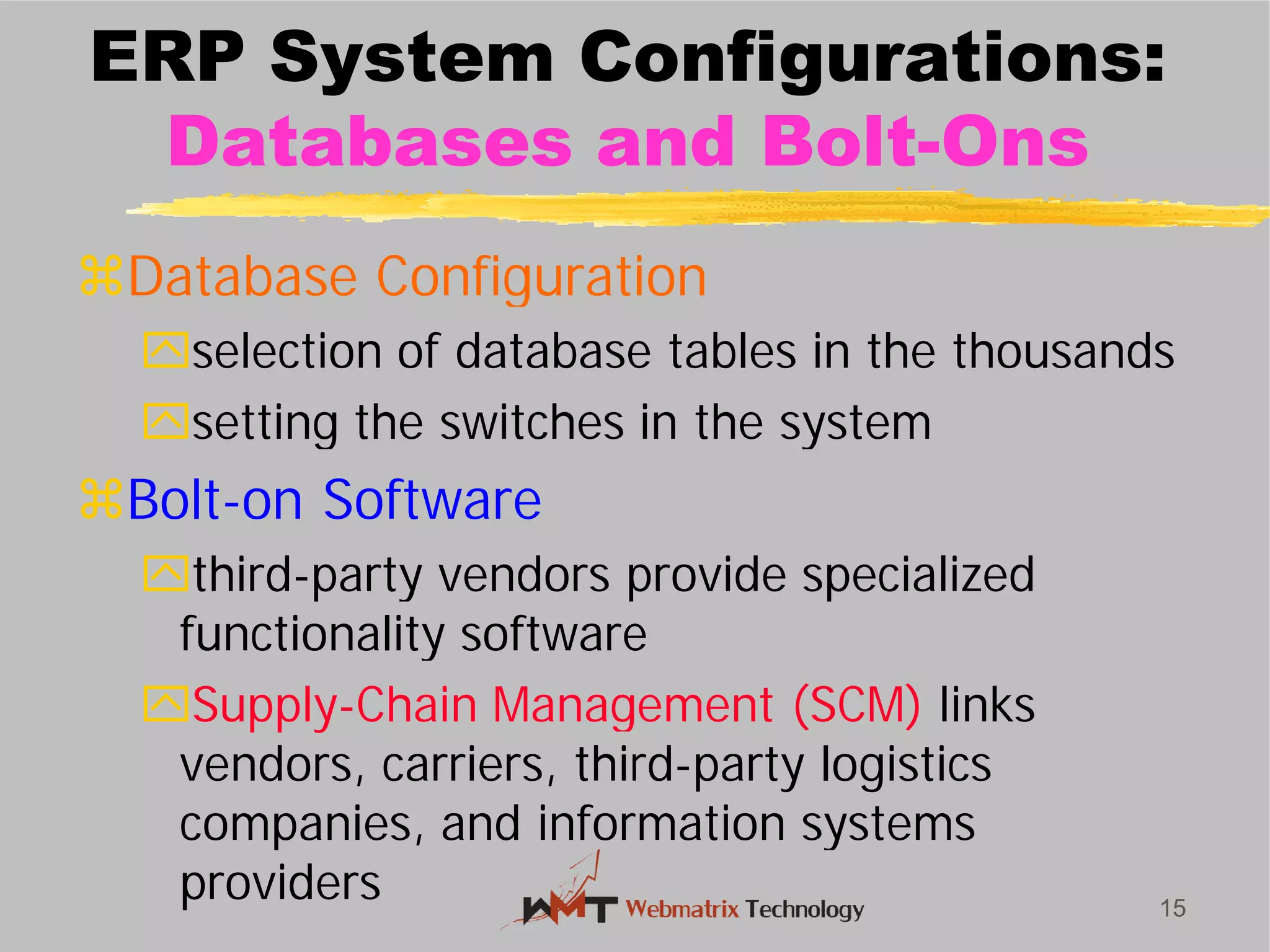 ERP System Configurations:
Databases and Bolt
Database Configuration
selection of database tables in the thousands
setting the switches in the system
Bolt-on Software
third-party vendors provide specialized
functionality software
Supply-Chain Management (SCM)
vendors, carriers, third
companies, and information systems
providers 15
ERP System Configurations:
Databases and Bolt-Ons
Database Configuration
selection of database tables in the thousands
setting the switches in the system
party vendors provide specialized
functionality software
Chain Management (SCM) links
vendors, carriers, third-party logistics
companies, and information systems
 