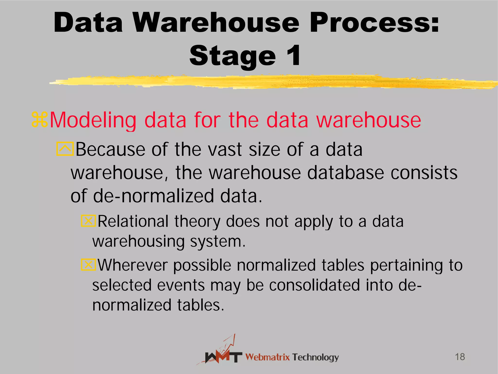 Data Warehouse Process:
Stage 1
Modeling data for the data warehouse
Because of the vast size of a data
warehouse, the warehouse database consists
of de-normalized data.
Relational theory does not apply to a data
warehousing system.
Wherever possible normalized tables pertaining to
selected events may be consolidated into de
normalized tables.
18
Data Warehouse Process:
Stage 1
Modeling data for the data warehouse
Because of the vast size of a data
warehouse, the warehouse database consists
normalized data.
Relational theory does not apply to a data
Wherever possible normalized tables pertaining to
selected events may be consolidated into de-
 
