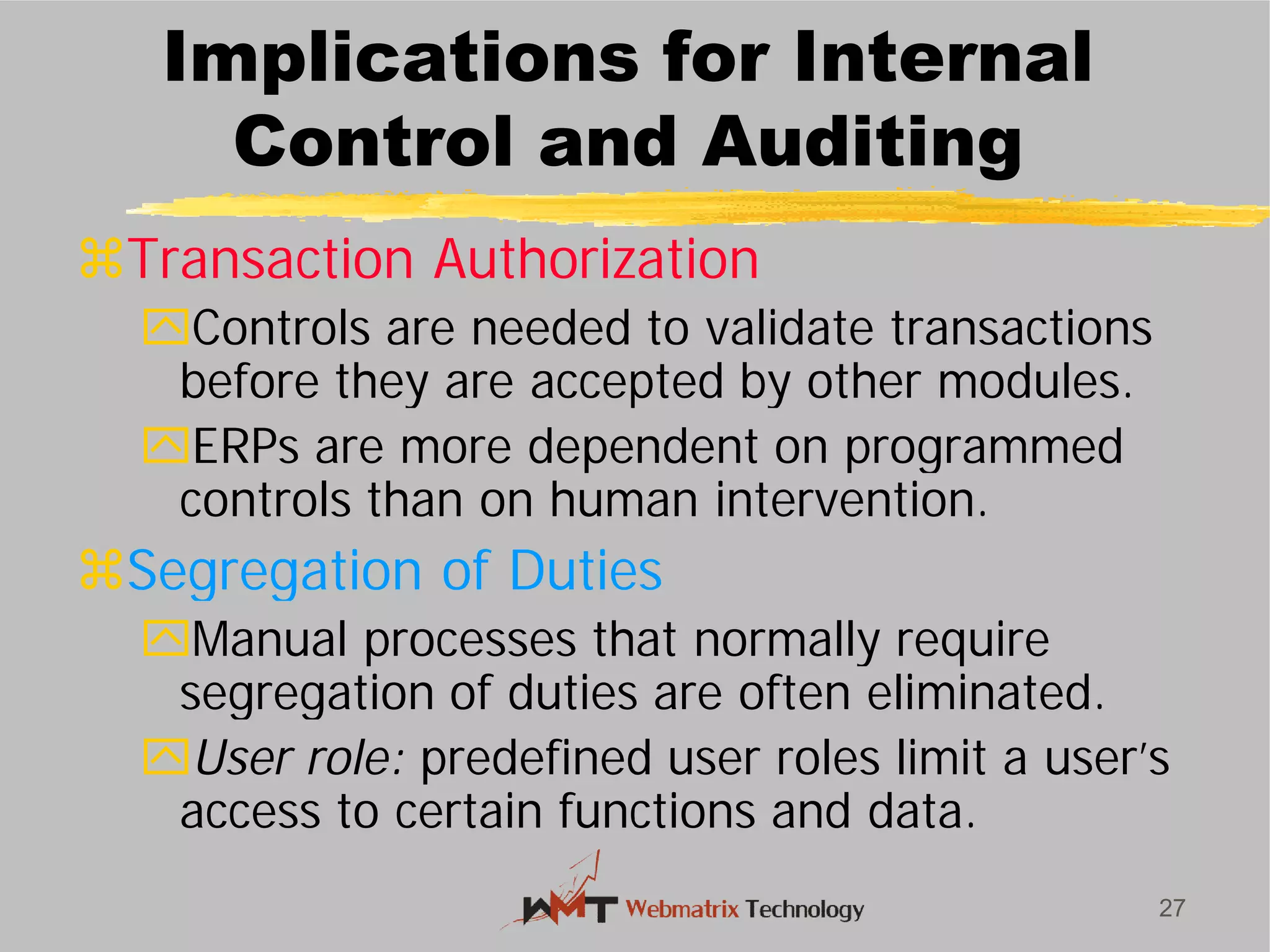 Implications for Internal
Control and Auditing
Transaction Authorization
Controls are needed to validate transactions
before they are accepted by other modules.
ERPs are more dependent on programmed
controls than on human intervention.
Segregation of Duties
Manual processes that normally require
segregation of duties are often eliminated.
User role: predefined user roles limit a user’s
access to certain functions and data.
27
Implications for Internal
Control and Auditing
Transaction Authorization
Controls are needed to validate transactions
before they are accepted by other modules.
ERPs are more dependent on programmed
controls than on human intervention.
Segregation of Duties
Manual processes that normally require
segregation of duties are often eliminated.
predefined user roles limit a user’s
access to certain functions and data.
 