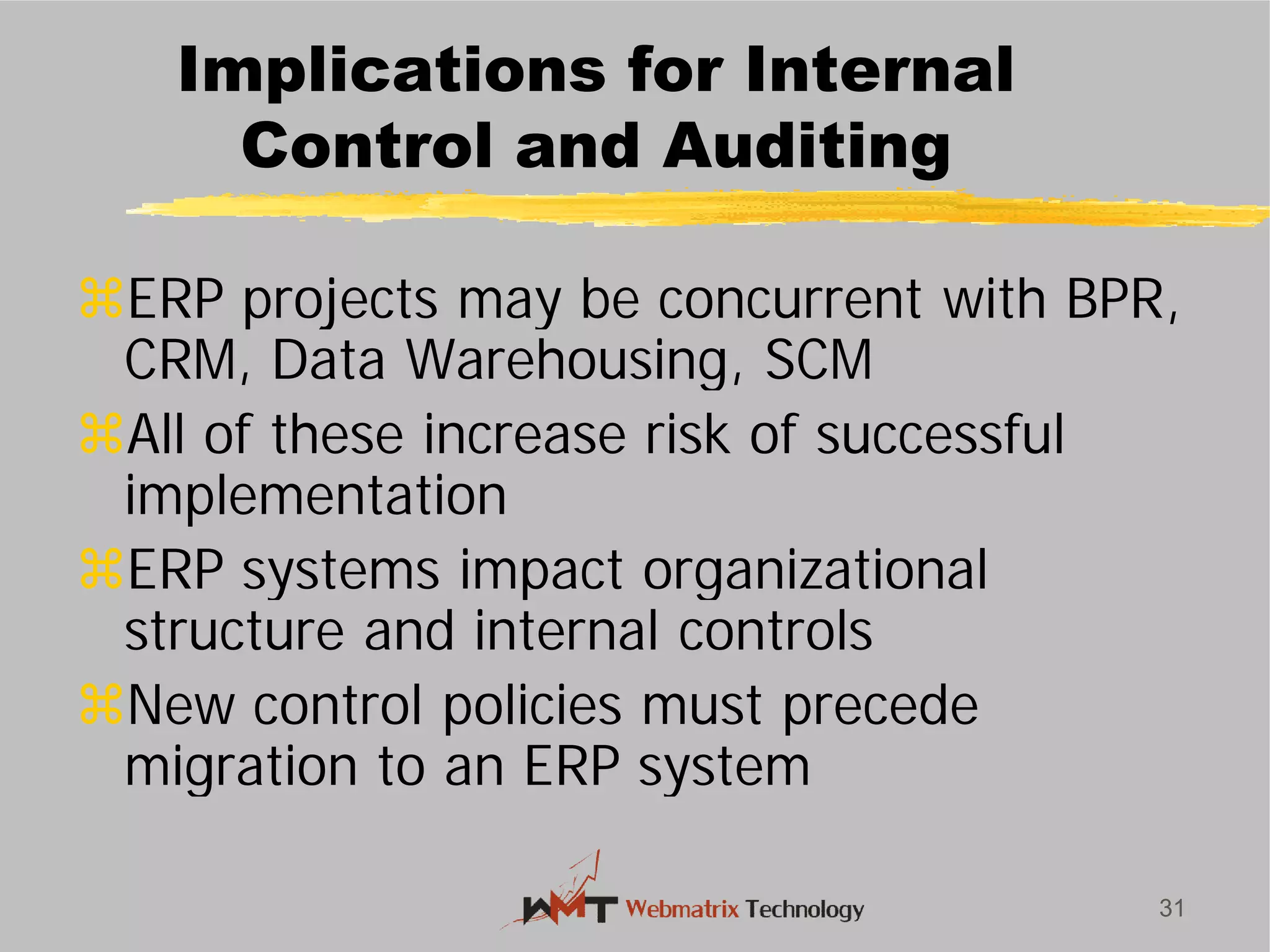 Implications for Internal
Control and Auditing
ERP projects may be concurrent with BPR,
CRM, Data Warehousing, SCM
All of these increase risk of successful
implementation
ERP systems impact organizational
structure and internal controls
New control policies must precede
migration to an ERP system
31
Implications for Internal
Control and Auditing
ERP projects may be concurrent with BPR,
CRM, Data Warehousing, SCM
All of these increase risk of successful
ERP systems impact organizational
structure and internal controls
New control policies must precede
migration to an ERP system
 