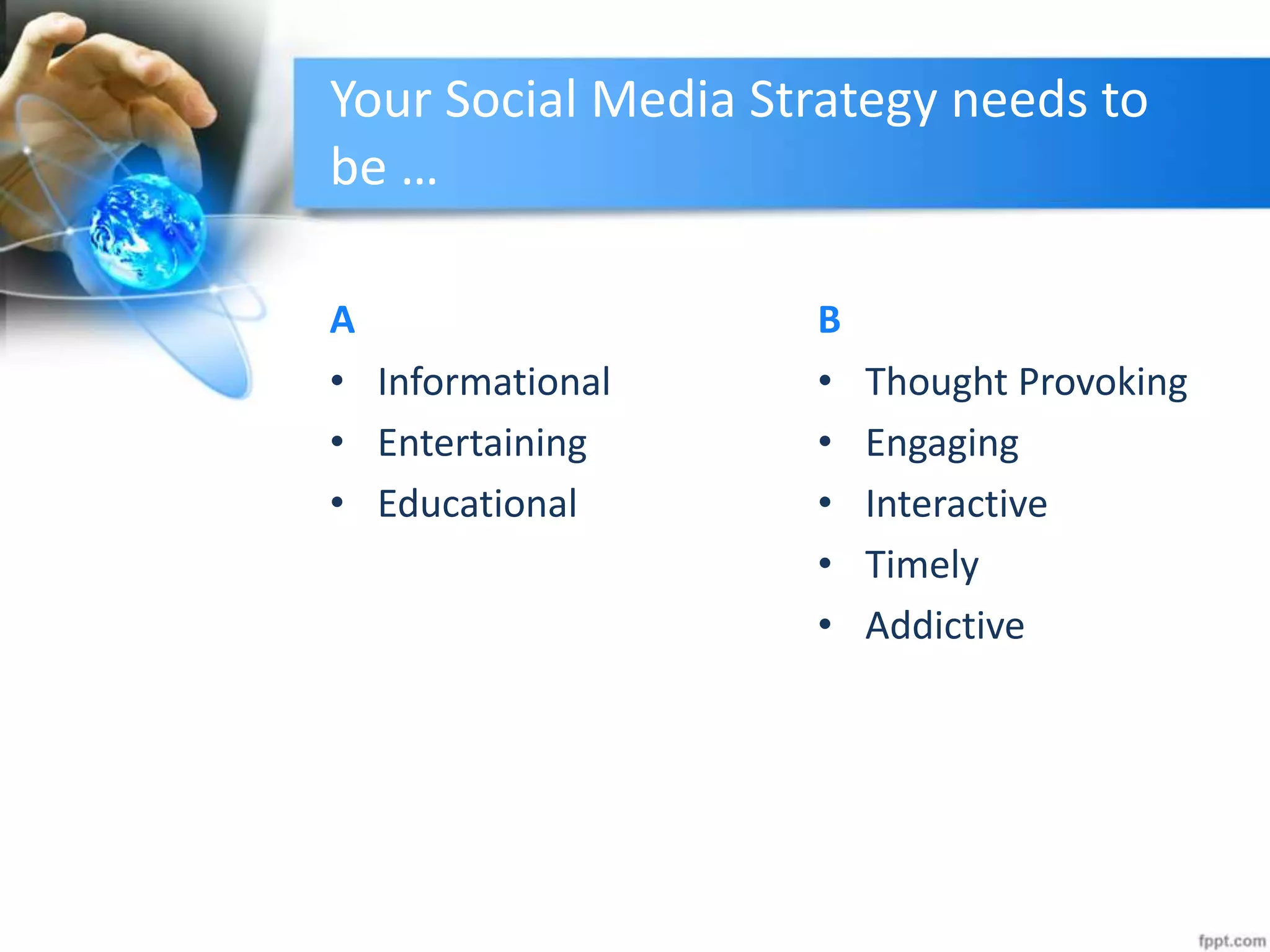 Your Social Media Strategy needs to
be …
A
• Informational
• Entertaining
• Educational
B
• Thought Provoking
• Engaging
• Interactive
• Timely
• Addictive
 