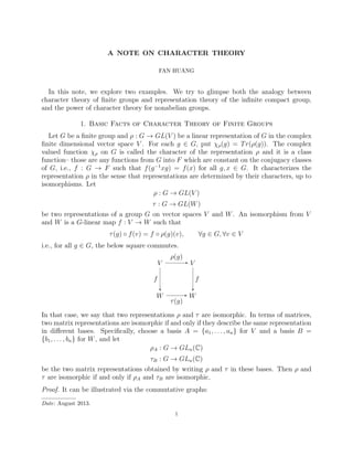 A NOTE ON CHARACTER THEORY
FAN HUANG
In this note, we explore two examples. We try to glimpse both the analogy between
character theory of ﬁnite groups and representation theory of the inﬁnite compact group,
and the power of character theory for nonabelian groups.
1. Basic Facts of Character Theory of Finite Groups
Let G be a ﬁnite group and ρ : G → GL(V ) be a linear representation of G in the complex
ﬁnite dimensional vector space V . For each g ∈ G, put χρ(g) = Tr(ρ(g)). The complex
valued function χρ on G is called the character of the representation ρ and it is a class
function– those are any functions from G into F which are constant on the conjugacy classes
of G, i.e., f : G → F such that f(g−1
xg) = f(x) for all g, x ∈ G. It characterizes the
representation ρ in the sense that representations are determined by their characters, up to
isomorphisms. Let
ρ : G → GL(V )
τ : G → GL(W)
be two representations of a group G on vector spaces V and W. An isomorphism from V
and W is a G-linear map f : V → W such that
τ(g) ◦ f(v) = f ◦ ρ(g)(v), ∀g ∈ G, ∀v ∈ V
i.e., for all g ∈ G, the below square commutes.
V V
W W
ρ(g)
f
τ(g)
f
In that case, we say that two representations ρ and τ are isomorphic. In terms of matrices,
two matrix representations are isomorphic if and only if they describe the same representation
in diﬀerent bases. Speciﬁcally, choose a basis A = {a1, . . . , an} for V and a basis B =
{b1, . . . , bn} for W, and let
ρA : G → GLn(C)
τB : G → GLn(C)
be the two matrix representations obtained by writing ρ and τ in these bases. Then ρ and
τ are isomorphic if and only if ρA and τB are isomorphic.
Proof. It can be illustrated via the commutative graphs:
Date: August 2013.
1
 