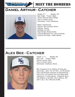 Meet the Bombers
Daniel Arthur - Catcher
Height: 6’1”		 Weight: 201	
Bats: Right	 Throws: Right	
School: Murray State College 	
Year in school: Junior	
Hometown: Tulsa, Oklahoma
Major: Engineering
Parents: Dan and Joan Arthur
Siblings: Teresa
Birthday: 8/7/94
High School: Bishop Kelley
Favorite MLB team: St. Louis Cardinals
Favorite Pro Player: Yadier Molina
Alex Bee - Catcher
Height: 5’11”	 Weight:185		
Bats: Left	 Throws: Right	
School: Kansas State 	
Year in school: Junior	
Hometown: Chatham, Illinois
BIO: Youngest of six children of Greg and
Janine Bee... Born 10/12/1993... An All-Confer-
ence and All-State selection at Glenwood HS...
Had 2 hits in Freshman Year at K-State while
catching in 12 total games... Played for Ross-
ville Rattlers in Summer 2013, batting .365
with 5 2B, 2 3B, 3 HR and 20 RBI...
 