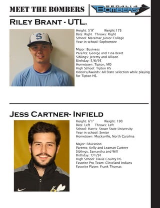 Riley Brant - UTL.
Height: 5’9” 	 Weight:175		
Bats: Right	 Throws: Right	
School: Meremac Junior College 	
Year in school: Sophomore
Major: Business
Parents: George and Tina Brant
Siblings: Jeremy and Allison
Birthday: 5/6/95
Hometown: Tipton, MO
High School: Tipton HS
Honors/Awards: All-State selection while playing
for Tipton HS.
Jess Cartner- Infield
Height: 6’1” 	 Weight: 190		
Bats: Left	 Throws: Left	
School: Harris- Stowe State University 	
Year in school: Senior				
Hometown: Mocksville, North Carolina
Major: Education
Parents: Kelly and Leaman Cartner
Siblings: Samantha and Will
Birthday: 7/1/91
High School: Davie County HS
Favorite Pro Team: Cleveland Indians
Favorite Player: Frank Thomas
Meet the Bombers
 