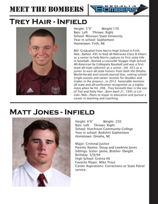 Trey Hair - Infield
Height: 5’9” 	 Weight:170		
Bats: Left	 Throws: Right	
School: Missouri State University 	
Year in school: Sophomore			
Hometown: Firth, NE
BIO: Graduated from Norris High School in Firth,
Neb...Batted .495 to lead all Nebraska Class B hitters
as a senior to help Norris capture its first state title
in baseball...Named a Louisville Slugger High School
All-American by Collegiate Baseball and was a first-
team all-state selection as a senior...Hit .453 as a
junior to earn all-state honors from both the Omaha
World-Herald and Lincoln Journal Star, setting school
single-season and career records for doubles and
triples in the process...in 2012: honorable mention
all-state and all-conference recognition as a sopho-
more when he hit .398...Trey Kenneth Hair is the son
of Ted and Patty Hair...Born April 21, 1995 in Lin-
coln, Neb...Plans to major in education and pursue a
career in teaching and coaching.
Matt Jones - Infield
Height: 6’6” 	 Weight: 250	
Bats: Left	 Throws: Right	
School: Hutchison Community College 	
Year in school: Redshirt Sophomore			
Hometown: Omaha, NE
Major: Criminal Justice
Parents Names: Doug and LeeAnne Jones
Siblings: Sister- Jaime, Brother- Dwight
Birthday: 5/9/94
High School: Gretna HS
Favorite Player: Mike Trout
Career Aspirations: Corrections or State Patrol
service
Meet the Bombers
 