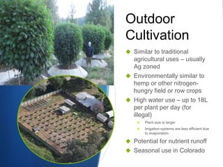 Outdoor
Cultivation
 Similar to traditional
agricultural uses – usually
Ag zoned
 Environmentally similar to
hemp or other nitrogen-
hungry field or row crops
 High water use – up to 18L
per plant per day (for
illegal)
 Plant size is larger
 Irrigation systems are less efficient due
to evaporation
 Potential for nutrient runoff
 Seasonal use in Colorado
 