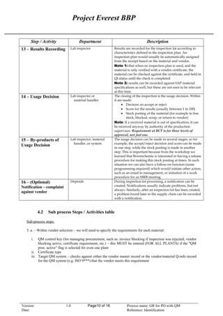 Project Everest BBP
Step / Activity Department Description
13 – Results Recording Lab inspector Results are recorded for the inspection lot according to
characteristics defined in the inspection plan. An
inspection plan would usually be automatically assigned
from the receipt based on the material and vendor.
Note 1: that when no inspection plan is used, and the
material is only verified with a vendor certificate, the
material can be checked against the certificate, and held in
QI status until the check is completed.
Note 2: results can be recorded against SAP material
specifications as well, but these are not seen to be relevant
at this time.
14 – Usage Decision Lab inspector or
material handler
The closing of the inspection is the usage decision. Within
it are made:
• Decision on accept or reject
• Score for the results (usually between 1 to 100)
• Stock posting of the material (for example to free
stock, blocked, scrap, or return to vendor)
Note: If a received material is out of specification, it can
be received anyway by authority of the production
supervisor. Requirement at BCT is for three levels of
approval, not just one.
15 – By-products of
Usage Decision
Lab inspector, material
handler, or system
The usage decision can be made in several stages, so for
example, the accept/reject decision and score can be made
in one step, while the stock posting is made in another
step. This is important because from the workshop we
learned that Broomchemie is interested in having a release
procedure for making this stock posting at times. In such
situation we can also have a follow-on function (some
programming required) which would initiate other action,
such as an email to management, or initiation of a work
procedure for an MRB meeting.
16 – (Optional)
Notification – complaint
against vendor
Depends During inspection lot processing, a notification can be
created. Notifications usually indicate problems, but not
always. Similarly, after an inspection lot has been created,
a problem found later in the supply chain can be recorded
with a notification.
4.2 Sub process Steps / Activities table
Sub-process steps:
3. a. – Within vendor selection – we will need to specify the requirements for each material:
i. QM control key (for managing procurement, such as: invoice blocking if inspection was rejected, vendor
blocking active, certificate requirement, etc.) – this MUST be entered (FOR ALL PLANTS) if the "QM
proc. active" flag is selected for even one plant
ii. Certificate type
iii. Target QM system – checks against either the vendor master record or the vendor/material Q-info record
for the QM system (e.g. ISO 9***) that the vendor meets this requirement
Version: 1.0 Page10 of 16 Process name: GR for PO with QM
Date: Reference: Identification
 