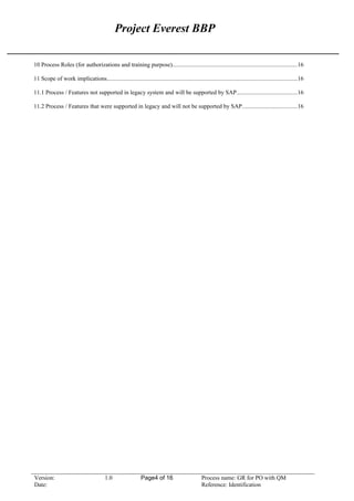 Project Everest BBP
10 Process Roles (for authorizations and training purpose)....................................................................................16
11 Scope of work implications................................................................................................................................16
11.1 Process / Features not supported in legacy system and will be supported by SAP.........................................16
11.2 Process / Features that were supported in legacy and will not be supported by SAP.....................................16
Version: 1.0 Page4 of 16 Process name: GR for PO with QM
Date: Reference: Identification
 