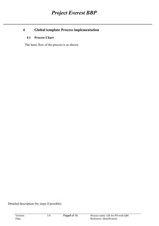 Project Everest BBP
4 Global template Process implementation
4.1 Process Chart
The basic flow of the process is as shown:
Detailed description (by steps if possible)
Version: 1.0 Page8 of 16 Process name: GR for PO with QM
Date: Reference: Identification
 