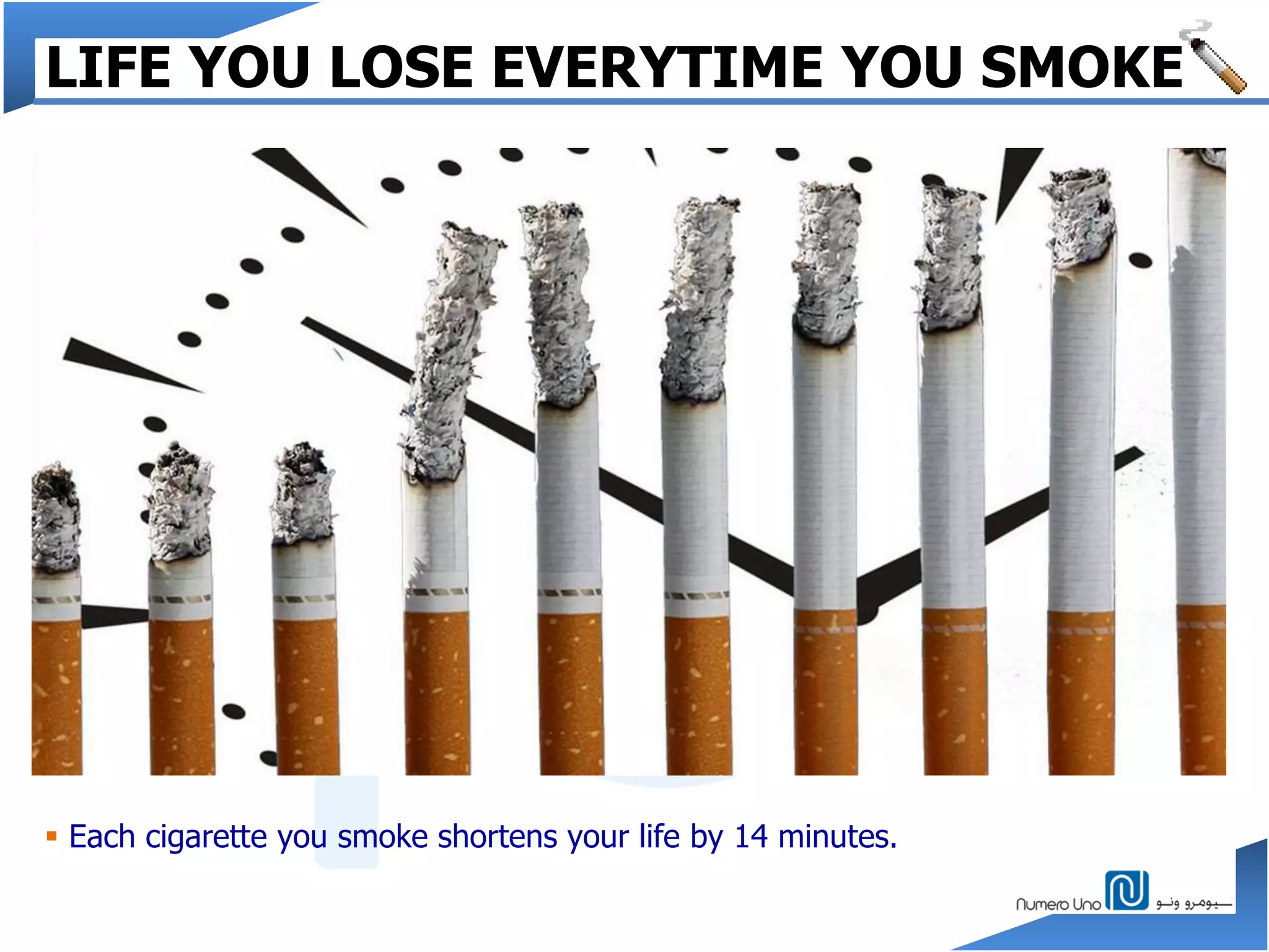 LIFE YOU LOSE EVERYTIME YOU SMOKE
 Each cigarette you smoke shortens your life by 14 minutes.
 