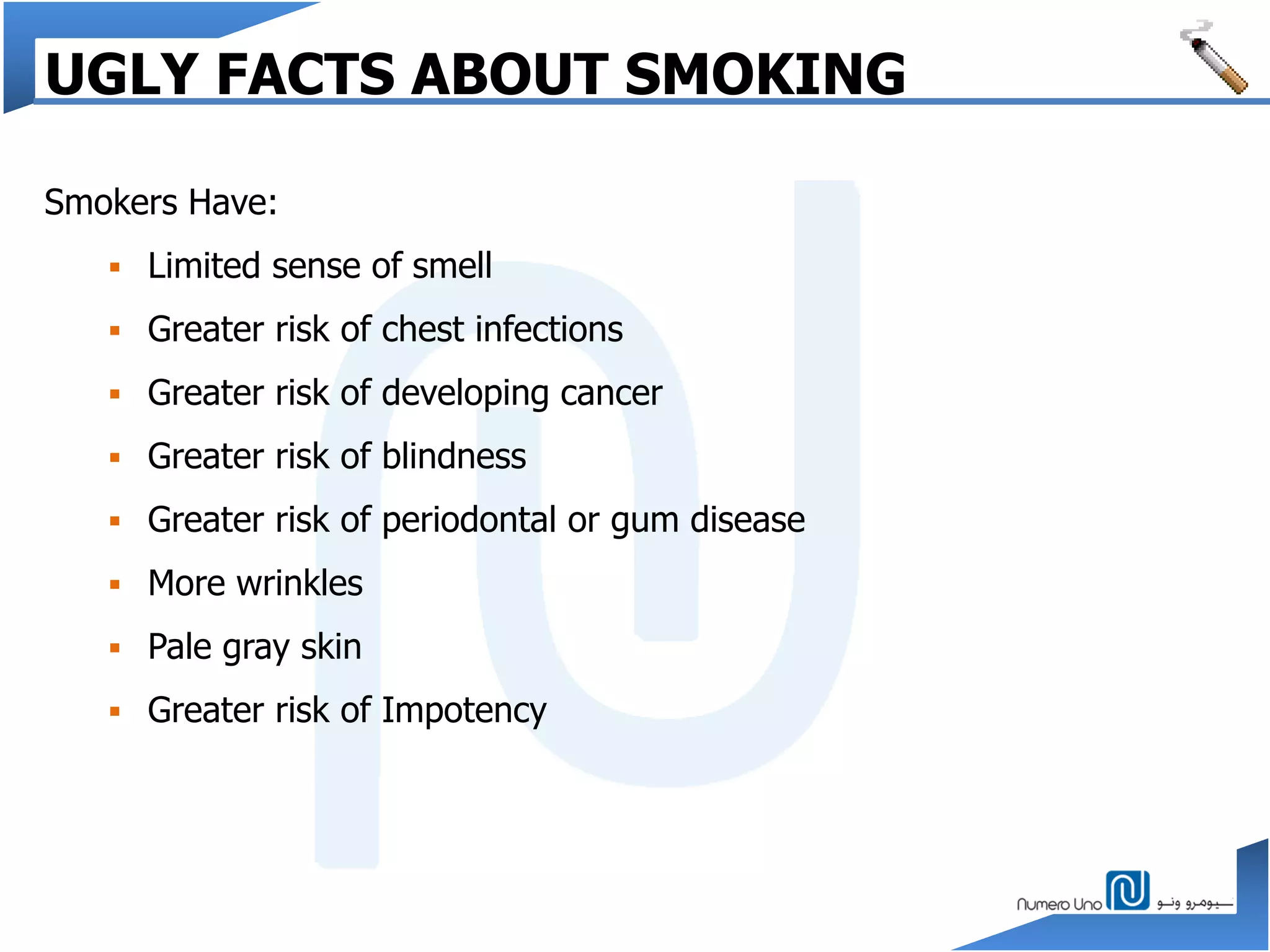 UGLY FACTS ABOUT SMOKING
Smokers Have:
 Limited sense of smell
 Greater risk of chest infections
 Greater risk of developing cancer
 Greater risk of blindness
 Greater risk of periodontal or gum disease
 More wrinkles
 Pale gray skin
 Greater risk of Impotency
 