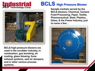 BCLS high-pressure blowers are
used in the scrubber industry, in
combustion, gas boosting, air
cooling, glass blowing, fume
exhaust systems, seal air dampers,
and in other various process
systems.
Sample markets served by the
BCLS blowers: Chemical, Cement,
Food Processing, Paper, Textile,
Pharmaceutical, Steel, Plastics,
Glass, & the Power Industry, just
to name a few…
BCLS High Pressure Blower
 