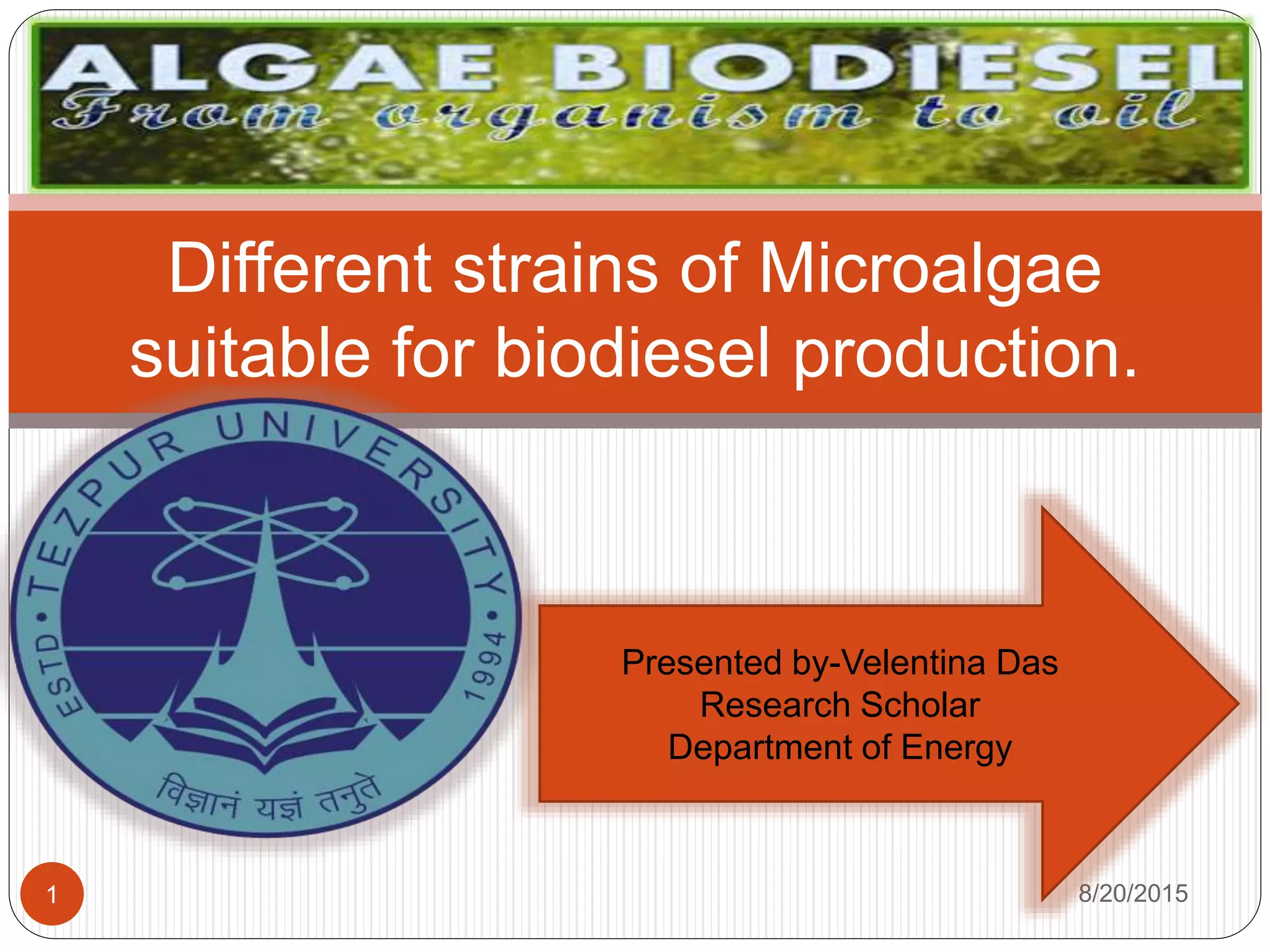 Different strains of Microalgae
suitable for biodiesel production.
8/20/20151
Presented by-Velentina Das
Research Scholar
Department of Energy
 