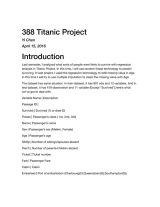 388 Titanic Project
Yi Chen
April 15, 2016
Introduction
Last semester, I analyzed what sorts of people were likely to survive with regression
analysis in Titanic Project. In this time, I will use random forest technology to predict
surviving. In last project, I used the regression technology to reﬁll missing value in Age.
In this time I will try to use multiple imputation to clean the missing value with Age.
The dataset has same situation. In train dataset, it has 891 obs and 12 variables. And in
test dataset, it has 418 observation and 11 variable (Except “Survived”),here’s what
we’ve got to deal with:
Variable Name | Description
Passage ID |
Survived | Survived (1) or died (0)
Pclass | Passenger’s class ( 1st, 2nd, 3rd)
Name | Passenger’s name
Sex | Passenger’s sex (Malem, Female)
Age | Passenger’s age
SibSp | Number of siblings/spouses aboard
Parch | Number of parents/children aboard
Ticket | Ticket number
Fare | Passenger Fare
Cabin | Cabin
Embarked | Port of embarkation (Cherbourg(C);Queenstown(Q);Southampton(S))
 