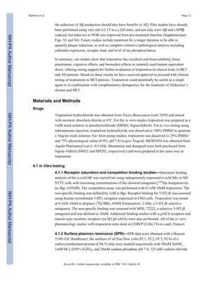 the reduction of Aβ production should also have benefits in AD. Pilot studies have already
been performed using very old (12-15 m.o.) J20 mice, and not only were Aβ and sAPPβ
reduced, but behavior in NOR was improved from pre-treatment baseline (Supplementary
Figs. S3 and S4). Future studies include treatment for a longer duration to be able to
quantify plaque reduction, as well as complete extensive pathological analysis including
calbindin expression, synaptic load, and level of tau phosphorylation.
In summary, our studies show that tropisetron has excellent oral bioavailability, brain
penetration, cognitive effects, and biomarker effects at currently used human equivalent
doses, offering strong support for further evaluation of tropisetron in clinical trials in MCI
and AD patients. Based on these results we have received approval to proceed with clinical
testing of tropisetron in MCI patients. Tropisetron could potentially be useful as a single
agent or in combination with complementary therapeutics for the treatment of Alzheimer’s
disease and MCI.
Materials and Methods
Drugs
Tropisetron hydrochloride was obtained from Tocris Biosciences (cat# 2459) and stored
with moisture absorbent drierite at 4°C. For the in vitro studies tropisetron was prepared as a
1mM stock solution in dimethylsulfoxide (DMSO, SigmaAldrich). For in vivo testing using
subcutaneous injection, tropisetron hydrochloride was dissolved in 100% DMSO to generate
a 5mg/ml stock solution. For Alzet pump studies, tropisetron was dissolved in 25% DMSO
and 75% physiological saline (0.9%, pH 7.8) to give 5mg/ml. MEM3454 was obtained from
Aquila Pharmatech (cat #: 411104). Memantine and donepezil were both purchased from
Sigma-Aldrich (D6821 and M9292, respectively) and were prepared in the same way as
tropisetron.
4.1 In Vitro testing
4.1.1 Receptor saturation and competition binding studies—Saturation binding
analysis of the α7nAChR was carried out using endogenously expressed α7nAChRs in SH-
SY5Y cells with increasing concentrations of the classical antagonist [125I]α-bungarotoxin
(α-Bgt, 0.05nM). The competition assay was performed with 0.1nM-10uM tropisetron. The
non-specific binding was defined by 1uM α-Bgt. Receptor binding for 5-HT3R was assessed
using human recombinant 5-HT3 receptors expressed in CHO cells. Tropisetron was tested
at 0.1nM-10uM to displace [3H]-BRL-43694 (Granisetron; 2 nM), a 5-HT3R selective
antagonist. The non-specific binding was assessed with MDL-72222, a selective 5-HT3R
antagonist and was defined as 10uM. Additional binding studies with α4nACh receptors and
muscle-type nicotinic receptors ((α1β1γδ nACh) were also performed. All of the in vitro
pharmacology studies with tropisetron were done at CEREP (Celle l’Eves cault, France).
4.1.2 Surface plasmon resonance (SPR)—SPR data were obtained with a Biacore
T100 (GE Healthcare); the surfaces of all four flow cells (FC1, FC2, FC3, FC4) of a
carboxymethylated-dextran (CM-5) chip were washed sequentially with 50mM NaOH,
1mM HCl, 0.05% H3PO4, and 20mM sodium phosphate pH 7.4, 125 mM sodium chloride
Spilman et al. Page 12
Brain Res. Author manuscript; available in PMC 2015 March 10.
NIH-PAAuthorManuscriptNIH-PAAuthorManuscriptNIH-PAAuthorManuscript
 