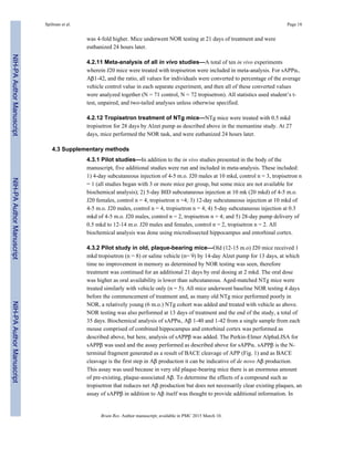 was 4-fold higher. Mice underwent NOR testing at 21 days of treatment and were
euthanized 24 hours later.
4.2.11 Meta-analysis of all in vivo studies—A total of ten in vivo experiments
wherein J20 mice were treated with tropisetron were included in meta-analysis. For sAPPα,
Aβ1-42, and the ratio, all values for individuals were converted to percentage of the average
vehicle control value in each separate experiment, and then all of these converted values
were analyzed together (N = 71 control, N = 72 tropisetron). All statistics used student’s t-
test, unpaired, and two-tailed analyses unless otherwise specified.
4.2.12 Tropisetron treatment of NTg mice—NTg mice were treated with 0.5 mkd
tropisetron for 28 days by Alzet pump as described above in the memantine study. At 27
days, mice performed the NOR task, and were euthanized 24 hours later.
4.3 Supplementary methods
4.3.1 Pilot studies—In addition to the in vivo studies presented in the body of the
manuscript, five additional studies were run and included in meta-analysis. These included:
1) 4-day subcutaneous injection of 4-5 m.o. J20 males at 10 mkd, control n = 3, tropisetron n
= 1 (all studies began with 3 or more mice per group, but some mice are not available for
biochemical analysis); 2) 5-day BID subcutaneous injection at 10 mk (20 mkd) of 4-5 m.o.
J20 females, control n = 4, tropisetron n =4; 3) 12-day subcutaneous injection at 10 mkd of
4-5 m.o. J20 males, control n = 4, tropisetron n = 4; 4) 5-day subcutaneous injection at 0.3
mkd of 4-5 m.o. J20 males, control n = 2, tropisetron n = 4; and 5) 28-day pump delivery of
0.5 mkd to 12-14 m.o. J20 males and females, control n = 2, tropisetron n = 2. All
biochemical analysis was done using microdissected hippocampus and entorhinal cortex.
4.3.2 Pilot study in old, plaque-bearing mice—Old (12-15 m.o) J20 mice received 1
mkd tropisetron (n = 8) or saline vehicle (n= 9) by 14-day Alzet pump for 13 days, at which
time no improvement in memory as determined by NOR testing was seen, therefore
treatment was continued for an additional 21 days by oral dosing at 2 mkd. The oral dose
was higher as oral availability is lower than subcutaneous. Aged-matched NTg mice were
treated similarly with vehicle only (n = 5). All mice underwent baseline NOR testing 4 days
before the commencement of treatment and, as many old NTg mice performed poorly in
NOR, a relatively young (6 m.o.) NTg cohort was added and treated with vehicle as above.
NOR testing was also performed at 13 days of treatment and the end of the study, a total of
35 days. Biochemical analysis of sAPPα, Aβ 1-40 and 1-42 from a single sample from each
mouse comprised of combined hippocampus and entorhinal cortex was performed as
described above, but here, analysis of sAPPβ was added. The Perkin-Elmer AlphaLISA for
sAPPβ was used and the assay performed as described above for sAPPα. sAPPβ is the N-
terminal fragment generated as a result of BACE cleavage of APP (Fig. 1) and as BACE
cleavage is the first step in Aβ production it can be indicative of de novo Aβ production.
This assay was used because in very old plaque-bearing mice there is an enormous amount
of pre-existing, plaque-associated Aβ. To determine the effects of a compound such as
tropisetron that reduces net Aβ production but does not necessarily clear existing plaques, an
assay of sAPPβ in addition to Aβ itself was thought to provide additional information. In
Spilman et al. Page 18
Brain Res. Author manuscript; available in PMC 2015 March 10.
NIH-PAAuthorManuscriptNIH-PAAuthorManuscriptNIH-PAAuthorManuscript
 