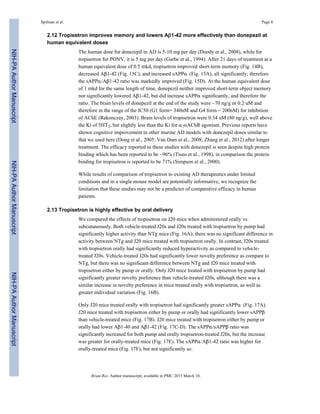 2.12 Tropisetron improves memory and lowers Aβ1-42 more effectively than donepezil at
human equivalent doses
The human dose for donezepil in AD is 5-10 mg per day (Doody et al., 2008), while for
tropisetron for PONV, it is 5 mg per day (Garbe et al., 1994). After 21 days of treatment at a
human equivalent dose of 0.5 mkd, tropisetron improved short-term memory (Fig. 14B),
decreased Aβ1-42 (Fig. 15C), and increased sAPPα (Fig. 15A), all significantly; therefore
the sAPPα/Aβ1-42 ratio was markedly improved (Fig. 15D). At the human equivalent dose
of 1 mkd for the same length of time, donepezil neither improved short-term object memory
nor significantly lowered Aβ1-42, but did increase sAPPα significantly, and therefore the
ratio. The brain levels of donepezil at the end of the study were ~70 ng/g or 0.2 uM and
therefore in the range of the IC50 (G1 form= 340nM and G4 form = 200nM) for inhibition
of AChE (Rakonczay, 2003). Brain levels of tropisetron were 0.34 uM (80 ng/g), well above
the Ki of 5HT3, but slightly less than the Ki for α7nAChR agonism. Previous reports have
shown cognitive improvement in other murine AD models with donezepil doses similar to
that we used here (Dong et al., 2005; Van Dam et al., 2008; Zhang et al., 2012) after longer
treatment. The efficacy reported in these studies with donezepil is seen despite high protein
binding which has been reported to be ~96% (Tiseo et al., 1998), in comparison the protein
binding for tropisetron is reported to be 71% (Simpson et al., 2000).
While results of comparison of tropisetron to existing AD therapeutics under limited
conditions and in a single mouse model are potentially informative, we recognize the
limitation that these studies may not be a predictor of comparative efficacy in human
patients.
2.13 Tropisetron is highly effective by oral delivery
We compared the effects of tropisetron on J20 mice when administered orally vs.
subcutaneously. Both vehicle-treated J20s and J20s treated with tropisetron by pump had
significantly higher activity than NTg mice (Fig. 16A); there was no significant difference in
activity between NTg and J20 mice treated with tropisetron orally. In contrast, J20s treated
with tropisetron orally had significantly reduced hyperactivity as compared to vehicle-
treated J20s. Vehicle-treated J20s had significantly lower novelty preference as compare to
NTg, but there was no significant difference between NTg and J20 mice treated with
tropisetron either by pump or orally. Only J20 mice treated with tropisetron by pump had
significantly greater novelty preference than vehicle-treated J20s, although there was a
similar increase in novelty preference in mice treated orally with tropisetron, as well as
greater individual variation (Fig. 16B).
Only J20 mice treated orally with tropisetron had significantly greater sAPPα (Fig. 17A).
J20 mice treated with tropisetron either by pump or orally had significantly lower sAPPβ
than vehicle-treated mice (Fig. 17B). J20 mice treated with tropisetron either by pump or
orally had lower Aβ1-40 and Aβ1-42 (Fig. 17C-D). The sAPPα/sAPPβ ratio was
significantly increased for both pump and orally tropisetron-treated J20s, but the increase
was greater for orally-treated mice (Fig. 17E). The sAPPα/Aβ1-42 ratio was higher for
orally-treated mice (Fig. 17F), but not significantly so.
Spilman et al. Page 8
Brain Res. Author manuscript; available in PMC 2015 March 10.
NIH-PAAuthorManuscriptNIH-PAAuthorManuscriptNIH-PAAuthorManuscript
 