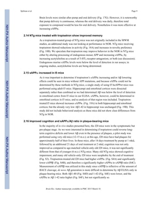Brain levels were similar after pump and oral delivery (Fig. 17G). However, it is noteworthy
that pump delivery is continuous, whereas the oral delivery was daily, therefore total
exposure to compound would be less for oral delivery. Nonetheless it was more effective at
increasing sAPPα.
2.14 NTg mice treated with tropisetron show improved memory
As a tropisetron-treated group of NTg mice was not originally included in the MWM
studies, an additional study was run looking at performance in NOR. NTg mice receiving
tropisetron showed reductions in activity (Fig. 18A) and increases in novelty preference
(Fig. 18B). We speculate that tropisetron may improve behavior in the NOR in NTg mice
either by altering processing of endogenous mouse APP and increasing sAPPα, by
increasing acetylcholine as a result of 5-HT3 receptor antagonism, or both (see discussion).
Endogenous murine sAPPα levels were below the level of detection in our assays; in
ongoing studies, acetylcholine levels are being determined.
2.15 sAPPα increased in I5 mice
As it was important to determine if tropisetron’s sAPPα increasing and/or Aβ lowering
effects could be seen in mice without APP mutations, and because sAPPα could not be
determined by these methods in NTg mice, a single study of using I5 huAPPwt mice was
performed using adult I5 mice. Hippocampi and entorhinal cortices were dissected
separately rather than combined as we had determined Aβ was below the level of detection
in entorhinal cortex from I5 mice in our ELISA. sAPPα, however, could be determined in
entorhinal cortices in I5 mice, and so analysis of that region was included. Tropisetron-
treated I5 mice showed increases sAPPα (Fig. 19A) in both hippocampi and entorhinal
cortices; but the already very low Aβ1-42 in hippocampi was unchanged (Fig. 19B). This
study did not include behavioral analysis as these mice did not show clear differences from
NTg in NOR.
2.16 Improved cognition and sAPPα/Aβ ratio in plaque-bearing mice
In the majority of in vivo studies presented here, the J20 mice were in the symptomatic but
pre-plaque stage. As we were interested in determining if tropisetron could reverse long-
term cognitive deficits and lower Aβ even in the presence of plaques, a pilot study was
performed using very old mice (12-15 m.o.); at this age, J20 mice have had plaques for
approximately half of their lives. In these mice, after 14 days treatment by pump at 1 mkd,
followed by an additional 21 days of oral treatment at 2 mkd, cognition was not only
improved as compared to age-matched vehicle-only old J20 mice, it was not significantly
different from that of younger (6 m.o.) NTg mice. Many old NTg mice showed cognitive
impairment, and many old vehicle-only J20 mice were neophobic by the end of treatment
(Fig. S3). Tropisetron-treated old J20 mice had higher sAPPα (Fig. S4A) and significantly
lower sAPPβ (Fig. S4B), and therefore a significantly higher sAPPα to sAPPβ ratio (S4C).
Measurement of sAPPβ was utilized in this study since sAPPβ is reflective of the amount of
BACE cleavage; de novo Aβ generation is more difficult to determine by Aβ ELISA only in
plaque-bearing mice. Both Aβ1-40 (Fig. S4D) and 1-42 (Fig. S4E) were lower, and the
sAPPα to Aβ 1-42 ratio higher (Fig. S4F), but not significantly so.
Spilman et al. Page 9
Brain Res. Author manuscript; available in PMC 2015 March 10.
NIH-PAAuthorManuscriptNIH-PAAuthorManuscriptNIH-PAAuthorManuscript
 