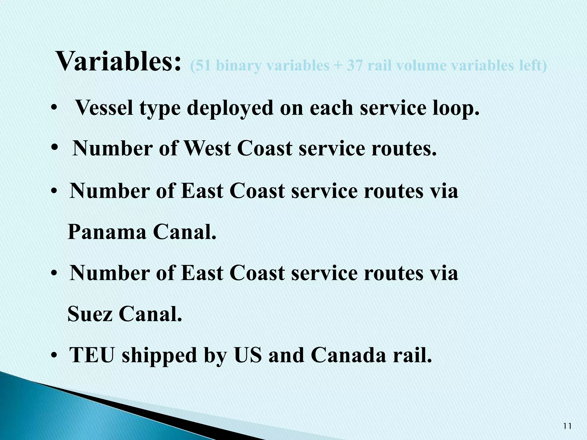 11
• Vessel type deployed on each service loop.
• Number of West Coast service routes.
• Number of East Coast service routes via
Panama Canal.
• Number of East Coast service routes via
Suez Canal.
• TEU shipped by US and Canada rail.
Variables: (51 binary variables + 37 rail volume variables left)
 