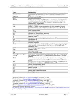 ACT Department of Education and Training - A framework for thinking education.au limited
August 2005 education.au limited Page vi
Term Explanation
Ebook or e-book Electronic book. Can be provided in a variety of electronic formats such as Word or
PDF.
e-Portfolio Electronic (or digital) portfolio.
EdNA Education Network Australia
Firewire FireWire (also known as i.Link or IEEE 1394) is a personal computer and digital video
serial bus interface standard offering high-speed communications and isochronous
real-time data services. FireWire can be considered a successor technology to the
obsolescent SCSI Parallel Interface.
4
FM Frequency modulation
5
GB Gigabyte – A measure of computer memory or disk space consisting of about one
thousand million bytes (a thousand megabytes). The actual value is 1,073,741,824
bytes
GPS Global Positioning System
HTML Hypertext Mark Up Language
ICT Information and Communications Technology
IMS IMS Global Learning Consortium
6
IP Intellectual property
iPod Apple proprietary portable media player, storage device and PDA
IRC Internet Relay Chat
IR Technology Infra Red Technology
IT Information Technology
iTunes iTunes is a media player, written by Apple Computer, for playing and organizing digital
music, video files, and purchasing digital music files in the FairPlay digital rights
management format.
7
LAMS Learning Activity Management System
LAN Local Area Network
LCD Liquid crystal display
LMS Learning Management System
Mlearning or mLearning or m-
learning
Mobile learning – refers to education activities facilitated by the use of a mobile device
such as a laptop, mobile phone or PDA and typically conducted outside of the regular
classroom.
MMS Multimedia Message Service, a store-and-forward method of transmitting graphics,
video clips, sound files and short text messages over wireless networks using the WAP
protocol
8
MP3 Standard compressed format for audio files. The name is derived from MPEG-1, Audio
Layer 3 and more formally known as ISO/IEC 11172-3 Layer 3
9
.
NTIS National Training Information Service
OH&S Occupational Health and Safety
PC Personal Computer
PDA Personal Digital Assistant
PDE Personal Digital Entertainment Devices
PDF Portable Digital Format
3
Wikipedia, Reference http://en.wikipedia.org/wiki/Dvd Accessed 12 July 2005
4
Wikipedia, Reference http://en.wikipedia.org/wiki/FireWire Accessed 12 July 2005
5
Wikipedia, Reference http://en.wikipedia.org/wiki/Fm Accessed 12 July 2005
6
IMS Global Consortium, Reference http://www.imsglobal.org/ Accessed 12 July 2005
7
Wikipedia, Reference http://en.wikipedia.org/wiki/ITunes Accessed 12 July 2005
8
Reference http://www.interactmobile.com/document/glossary.html Accessed 12 July 2005
9
International Standards Organization. Reference:
http://www.iso.ch/iso/en/CatalogueDetailPage.CatalogueDetail?CSNUMBER=22412&ICS1=35&ICS2=40&ICS3=&scopeli
st= Accessed 14 August 2005
 