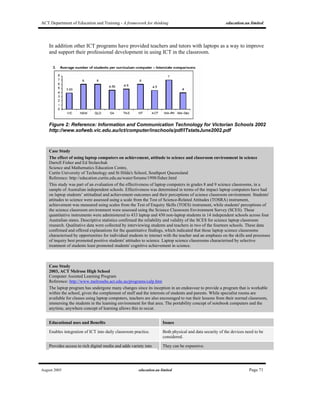 ACT Department of Education and Training - A framework for thinking education.au limited
August 2005 education.au limited Page 71
In addition other ICT programs have provided teachers and tutors with laptops as a way to improve
and support their professional development in using ICT in the classroom.
Figure 2: Reference: Information and Communication Technology for Victorian Schools 2002
http://www.sofweb.vic.edu.au/ict/computer/inschools/pdf/ITstatsJune2002.pdf
Case Study
The effect of using laptop computers on achievement, attitude to science and classroom environment in science
Darrell Fisher and Ed Stolarchuk
Science and Mathematics Education Centre,
Curtin University of Technology and St Hilda's School, Southport Queensland
Reference: http://education.curtin.edu.au/waier/forums/1998/fisher.html
This study was part of an evaluation of the effectiveness of laptop computers in grades 8 and 9 science classrooms, in a
sample of Australian independent schools. Effectiveness was determined in terms of the impact laptop computers have had
on laptop students’ attitudinal and achievement outcomes and their perceptions of science classroom environment. Students'
attitudes to science were assessed using a scale from the Test of Science-Related Attitudes (TOSRA) instrument,
achievement was measured using scales from the Test of Enquiry Skills (TOES) instrument, while students' perceptions of
the science classroom environment were assessed using the Science Classroom Environment Survey (SCES). These
quantitative instruments were administered to 433 laptop and 430 non-laptop students in 14 independent schools across four
Australian states. Descriptive statistics confirmed the reliability and validity of the SCES for science laptop classroom
research. Qualitative data were collected by interviewing students and teachers in two of the fourteen schools. These data
confirmed and offered explanations for the quantitative findings, which indicated that those laptop science classrooms
characterised by opportunities for individual students to interact with the teacher and an emphasis on the skills and processes
of inquiry best promoted positive students' attitudes to science. Laptop science classrooms characterised by selective
treatment of students least promoted students' cognitive achievement in science.
Case Study
2003, ACT Melrose High School
Computer Assisted Learning Program
Reference: http://www.melrosehs.act.edu.au/programs/calp.htm
The laptop program has undergone many changes since its inception in an endeavour to provide a program that is workable
within the school, given the complement of staff and the interests of students and parents. While specialist rooms are
available for classes using laptop computers, teachers are also encouraged to run their lessons from their normal classroom,
immersing the students in the learning environment for that area. The portability concept of notebook computers and the
anytime, anywhere concept of learning allows this to occur.
Educational uses and Benefits Issues
Enables integration of ICT into daily classroom practice. Both physical and data security of the devices need to be
considered.
Provides access to rich digital media and adds variety into They can be expensive.
 