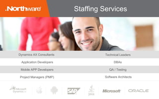 Staffing Services
Dynamics AX Consultants
Application Developers
Mobile APP Developers
Technical Leaders
DBAs
QA / Testing
Software ArchitectsProject Managers (PMP)
 