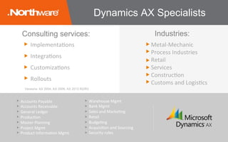 ImplementaJons	
IntegraJons
CustomizaJons	
Rollouts	
Dynamics AX Specialists
Metal-Mechanic
Process	Industries
Retail	
Services	
ConstrucJon
Customs	and	LogisJcs	
Industries:
Accounts	Payable
Accounts	Receivable
General	Ledger
ProducJon
Master	Planning
Project	Mgmt	
Product	InformaJon	Mgmt	
Warehouse	Mgmt	
Bank	Mgmt	
Sales	and	MarkeJng
Retail	
BudgeJng	
AcquisiJon	and	Sourcing
Security	roles	
Consulting services:
Versions: AX 2004, AX 2009, AX 2012 R2/R3
 
