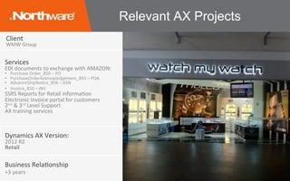 Relevant AX Projects
Services	
EDI	documents	to	exchange	with	AMAZON:	
•  Purchase	Order_850	–	PO		
•  PurchaseOrderAcknowledgement_855	–	POA		
•  AdvanceShipNoJce_856	–	ASN		
•  Invoice_810	–	INV		
SSRS	Reports	for	Retail	informaJon		
Electronic	Invoice	portal	for	customers	
2nd	&	3rd	Level	Support	
AX	training	services	
Business	RelaJonship	
+3	years	
Dynamics	AX	Version:	
2012	R2	
Retail	
Client	
WMW	Group	
	
 