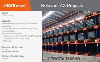 Client	
Toyota	Tsusho	
Services	
AX	ImplementaJon	services	for	3	diﬀerent	
companies	
KYOHO	TOYUTSO	MEXICO	currently	under	
implementaJon	
AX	So/ware	Factory	for:	
•  Customized	reports		(JAPAN	&	USA	Included)	
•  Electronic	invoice	for	MEXICO	
+100	users	
Business	RelaJonship	
+1	Year	
Dynamics	AX	Version:	
2012	R3	
Automo6ve	Industry		
Relevant AX Projects
 