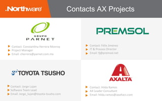 Contacts AX Projects
Contact:	Félix	Jiménez
IT	&	Process	Director	
Email:	t@premsol.net	
Contact:	ConstanJna	Herrera	Monroy
Project	Manager	
Email:	cherrera@parnet.com.mx	
Contact:	Hilda	Ramos
AX	Leader	Consultant	
Email:	hilda.ramos@axaltacs.com	
Contact:	Jorge	Lujan
So/ware	Team	Lead	
Email:	Jorge_lujan@toyota-tsusho.com	
 