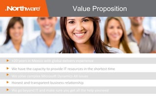 Value Proposition
+20	years	in	Mexico	with	global	delivery	experience 		
We	have	the	capacity	to	provide	IT	resources	in	the	shortest	Jme	
We	solve	complex	Microso/	Dynamics	AX	issues	
We	go	beyond	IT	and	make	sure	you	get	all	the	help	youneed	
Honest	and	transparent	business	relaJonship	
 