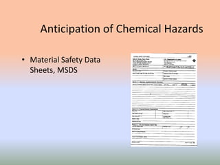 Anticipation of Chemical Hazards
• Material Safety Data
Sheets, MSDS
 