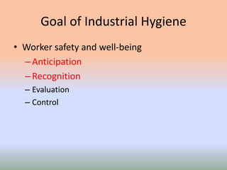 Goal of Industrial Hygiene
• Worker safety and well-being
–Anticipation
–Recognition
– Evaluation
– Control
 