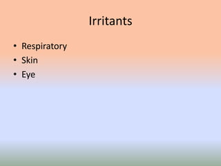 Irritants
• Respiratory
• Skin
• Eye
 