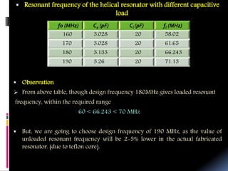  Resonant frequency of the helical resonator with different capacitive
load
 Observation
 From above table, though design frequency 180MHz gives loaded resonant
frequency, within the required range
60 < 66.243 < 70 MHz
 But, we are going to choose design frequency of 190 MHz, as the value of
unloaded resonant frequency will be 2-5% lower in the actual fabricated
resonator. (due to teflon core).
f0 (MHz) Ce (pF) Cl (pF) fl (MHz)
160 3.028 20 58.02
170 3.028 20 61.65
180 3.133 20 66.243
190 3.26 20 71.13
 