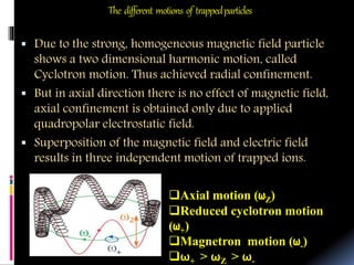 The different motions of trappedparticles
 Due to the strong, homogeneous magnetic field particle
shows a two dimensional harmonic motion, called
Cyclotron motion. Thus achieved radial confinement.
 But in axial direction there is no effect of magnetic field,
axial confinement is obtained only due to applied
quadropolar electrostatic field.
 Superposition of the magnetic field and electric field
results in three independent motion of trapped ions.
Axial motion (ωZ)
Reduced cyclotron motion
(ω+)
Magnetron motion (ω-)
ω+ > ωZ > ω-
 