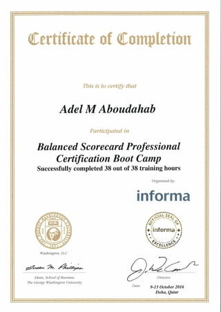 Balanced Scorecard Attendence Certificate