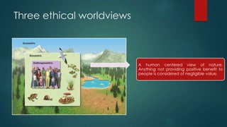 Three ethical worldviews
A human centered view of nature.
Anything not providing positive benefit to
people is considered of negligible value.
 
