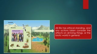 All life has ethical standing, and
any actions taken consider the
effects on all living things, or the
biotic world in general.
 