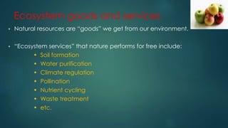 Ecosystem goods and services
• Natural resources are “goods” we get from our environment.
• “Ecosystem services” that nature performs for free include:
• Soil formation
• Water purification
• Climate regulation
• Pollination
• Nutrient cycling
• Waste treatment
• etc.
 