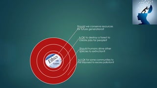 Should we conserve resources
for future generations?
Is OK to destroy a forest to
create jobs for people?
Should humans drive other
species to extinction?
Is it OK for some communities to
be exposed to excess pollution?
 