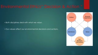Environmental Ethics“ Decision & Action “
• Both disciplines deal with what we value .
• Our values affect our environmental decisions and actions .
 
