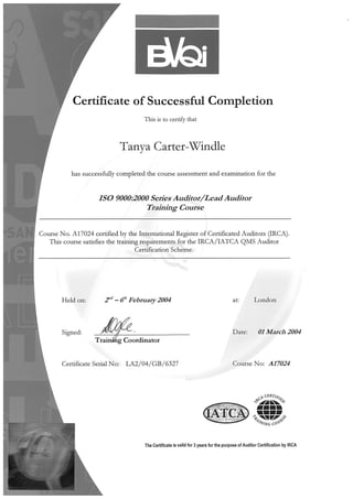 BVQI ISO9001 Lead Auditor Cert
