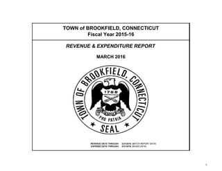 REVENUE DATA THROUGH 3/31/2016 (BATCH REPORT DATA)
EXPENSE DATA THROUGH 3/31/2016 (MUNIS DATA)
TOWN of BROOKFIELD, CONNECTICUT
Fiscal Year 2015-16
REVENUE & EXPENDITURE REPORT
MARCH 2016
1
 