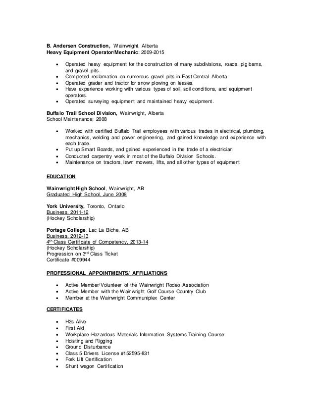 resume for heavy equipment operator