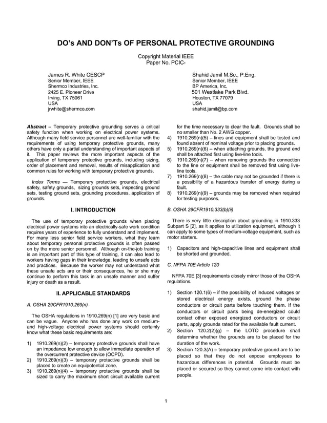 Do's and Don'ts of Personal Protective Grounding IEEE IAS Transactions