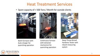 14
Deep Throat Brinell
Hardness Tester with
inbuilt measuring
system
Batch furnaces with
Auto charger for
quenching operation
Continuous furnace
with extractor
mechanism for
quenching operation
Heat Treatment Services
• Spare capacity of > 500 Tons / Month for outside clients
•
 