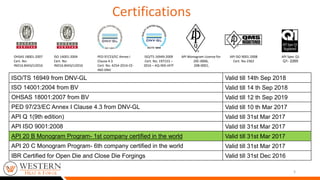 OHSAS 18001:2007
Cert. No:
IND16.8443/U2016
ISO 14001:2004
Cert. No:
IND16.8443/U2016
PED 97/23/EC Annex I
Clause 4.3
Cert. No. 4254-2014-CE-
IND-DNV
ISO/TS 16949:2009
Cert. No. 197153 –
2016 – AQ-IND-IATF
API Monogram License for
20C-0006,
20B-0001,
API ISO 9001:2008
Cert. No-2362
API Spec Q1
Q1- 2265
5
ISO/TS 16949 from DNV-GL Valid till 14th Sep 2018
ISO 14001:2004 from BV Valid till 14 th Sep 2018
OHSAS 18001:2007 from BV Valid till 12 th Sep 2019
PED 97/23/EC Annex I Clause 4.3 from DNV-GL Valid till 10 th Mar 2017
API Q 1(9th edition) Valid till 31st Mar 2017
API ISO 9001:2008 Valid till 31st Mar 2017
API 20 B Monogram Program- 1st company certified in the world Valid till 31st Mar 2017
API 20 C Monogram Program- 6th company certified in the world Valid till 31st Mar 2017
IBR Certified for Open Die and Close Die Forgings Valid till 31st Dec 2016
Certifications
 