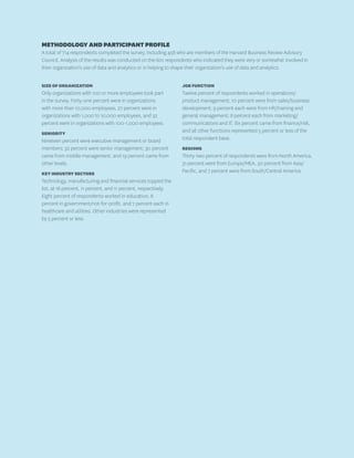 METHODOLOGYANDPARTICIPANTPROFILE
A total of 714 respondents completed the survey, including 458 who are members of the Harvard Business Review Advisory
Council. Analysis of the results was conducted on the 601 respondents who indicated they were very or somewhat involved in
their organization’s use of data and analytics or in helping to shape their organization’s use of data and analytics.
SIZE OF ORGANIZATION
Only organizations with 100 or more employees took part
in the survey. Forty-one percent were in organizations
with more than 10,000 employees, 27 percent were in
organizations with 1,000 to 10,000 employees, and 32
percent were in organizations with 100-1,000 employees.
SENIORITY
Nineteen percent were executive management or board
members; 32 percent were senior management; 30 percent
came from middle management, and 19 percent came from
other levels.
KEYINDUSTRYSECTORS
Technology, manufacturing and financial services topped the
list, at 16 percent, 11 percent, and 11 percent, respectively.
Eight percent of respondents worked in education, 8
percent in government/not-for-profit, and 7 percent each in
healthcare and utilities. Other industries were represented
by 5 percent or less.
JOBFUNCTION
Twelve percent of respondents worked in operations/
product management; 10 percent were from sales/business
development; 9 percent each were from HR/training and
general management; 8 percent each from marketing/
communications and IT. Six percent came from finance/risk,
and all other functions represented 5 percent or less of the
total respondent base.
REGIONS
Thirty-two percent of respondents were from North America,
31 percent were from Europe/MEA, 30 percent from Asia/
Pacific, and 7 percent were from South/Central America.
 